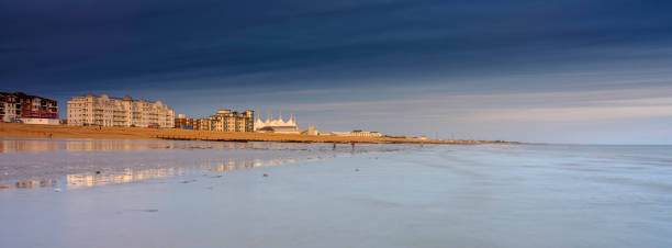 Sunset on Bognor Regis Pier, West Sussex Bognor Regis, UK - November 13, 2020:  Winter sunset on Bognor Regis Pier and beach, West Sussex, UK chichester stock pictures, royalty-free photos & images