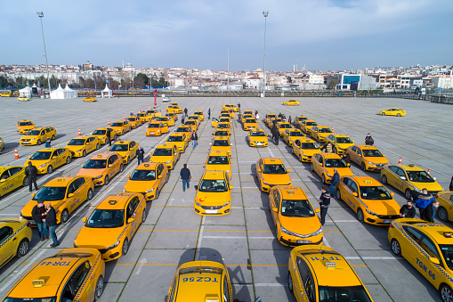 istanbul, Turkey – January 3, 2021: Aerial View of Taxi Cabs. Aerial view of taxis in Istanbul city