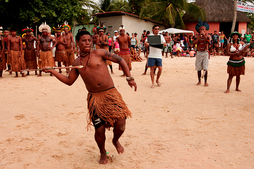 santa cruz cabralia, bahia / brazil - april 17, 2010: Pataxó Indians are seen during indigenous games in the Coroa Vermelha village in the city of Santa Cruz Cabralia.