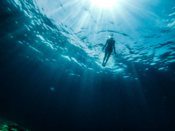 istock Female diver emerge from the sea 1314868994