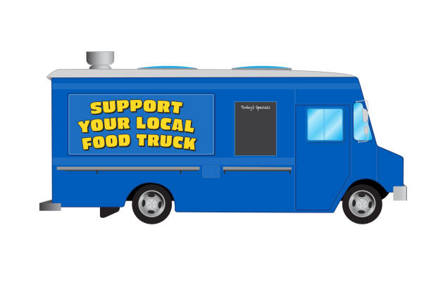 ilustraciones, imágenes clip art, dibujos animados e iconos de stock de apoye su camión de comida local en un camión de comida larga azul - ilustración vectorial - meals on wheels illustrations