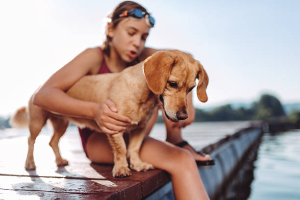 istock Dog standing on the river dock with girl 1314870122