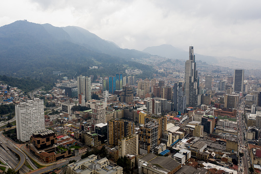 Panoramic view of Bogota downtown city center from viewing platform observation deck in Torre Colpatria tower Capital district Colombia
