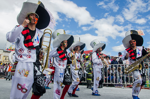 Pasto, Nariño, Colombia. January 6, 2015: People in costumes.\nmusical band group playing instruments