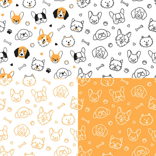 Seamless pattern with heads of different breeds dogs. Corgi, Beagle, Chihuahua, Terrier, Pomeranian Seamless pattern with heads of different breeds dogs. Corgi, Beagle, Chihuahua, Terrier, Pomeranian. Texture with dog faces. Hand drawn vector illustration in doodle style pomeranian pets mammal small stock illustrations