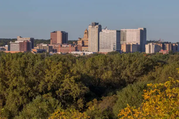 A Close Up Shot of the Rochester, Minnesota Skyline during an Early Fall Morning as seen from Quarry Hill Park