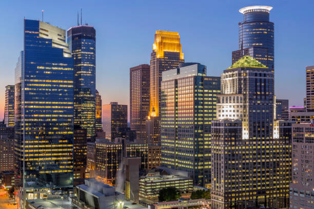 Colorful Minneapolis Skyscrapers Illuminated during Twilight