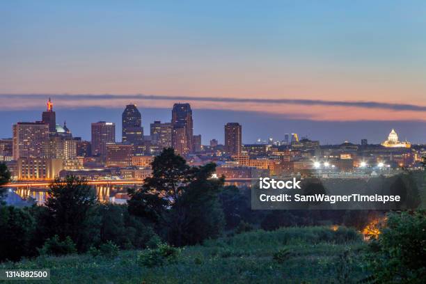 A Twilight Long Exposure Shot Of The Twin Cities Skylines And Minnesota State Capitol Stock Photo - Download Image Now