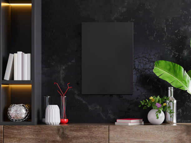 Mockup frame on cabinet in living room interior on empty dark wall background.