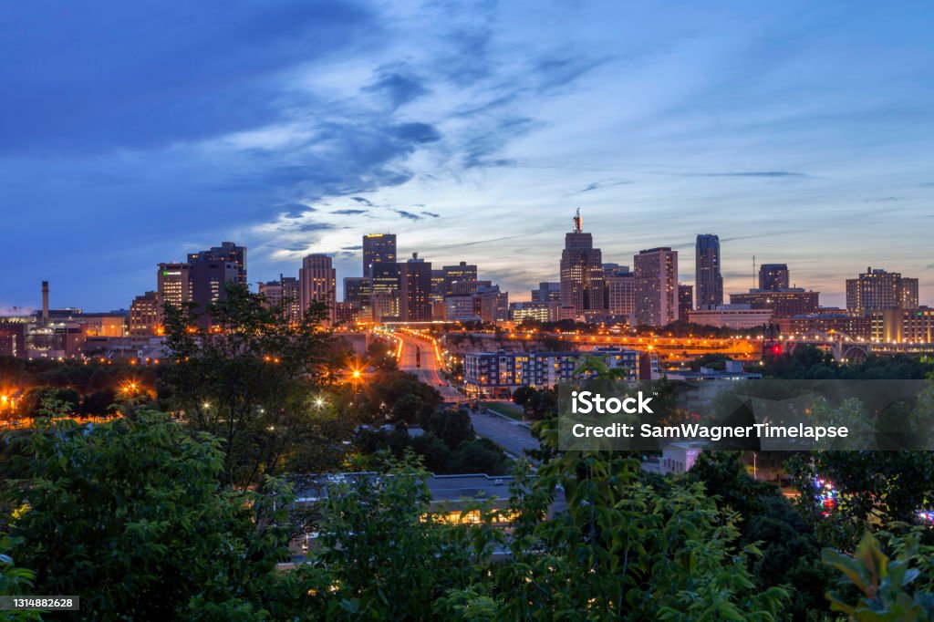 A Summer Cityscape Shot overlooking Downtown St. Paul, Minnesota A Wide Angle Shot of the City Lights of St. Paul, Minnesota Coming On during a Summer Twilight St. Paul - Minnesota Stock Photo