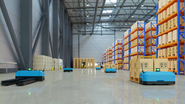 istock Robots efficiently sorting hundreds of parcels per hour,pallet lifter AGV. 1314882649