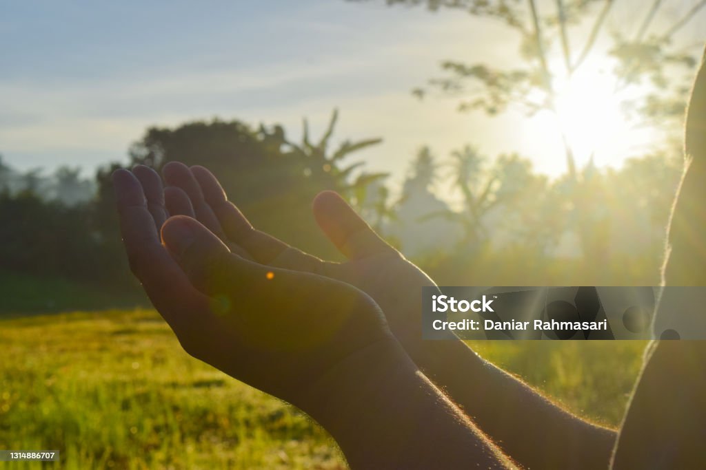 Both hands looked up in prayer This photo was taken in Kulon Progo, Yogyakarta, Indonesia. Both hands looked up in prayer. Praying Stock Photo
