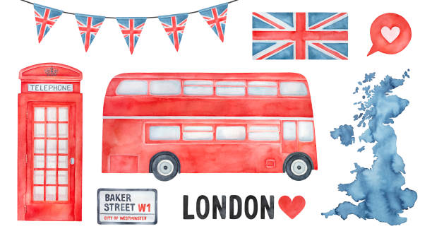ilustrações de stock, clip art, desenhos animados e ícones de big collection of great britain and london city symbols. hand painted watercolour drawing, cutout elements for creative design, greeting card, poster, banner, print, pattern, british themed invitation. - telephone booth telephone pay phone telecommunications equipment