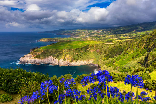 belle vue côtière de miradouro de santa iria, porto formoso, ribeira grande, sao miguel, açores, portugal. panorama à la côte de l’île de sao miguel du point de vue de santa iria. açores. portugal - santas cap photos et images de collection