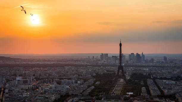 istock View of Paris with Eiffel Tower from Montparnasse building. Eiffel tower view with flying birds from Montparnasse at sunset, view of the Eiffel Tower and La Defense district in Paris, France. 1314888058
