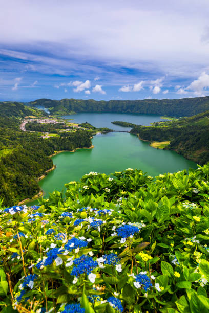 Beautiful view of Seven Cities Lake "Lagoa das Sete Cidades" from Vista do Rei viewpoint in SÃ£o Miguel Island, Azores, Portugal. Lagoon of the Seven Cities, Sao Miguel island, Azores, Portugal. Beautiful view of Seven Cities Lake "Lagoa das Sete Cidades" from Vista do Rei viewpoint in SÃ£o Miguel Island, Azores, Portugal. Lagoon of the Seven Cities, Sao Miguel island, Azores, Portugal. azores islands stock pictures, royalty-free photos & images
