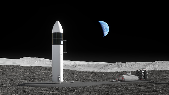 3d rendering of a rocket on the lunar surface. Earth is represented with images from Nasa blue marble collection applied to a 3d sphere. The \n3d Earth in this scene is textured with this image map from Nasa :https://visibleearth.nasa.gov/images/74368/june-blue-marble-next-generation-w-topography/74370l