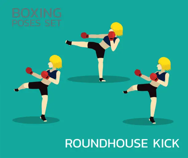 Vector illustration of Roundhouse Kick Manga Boxing Poses Set Woman Cartoon Vector Illustration