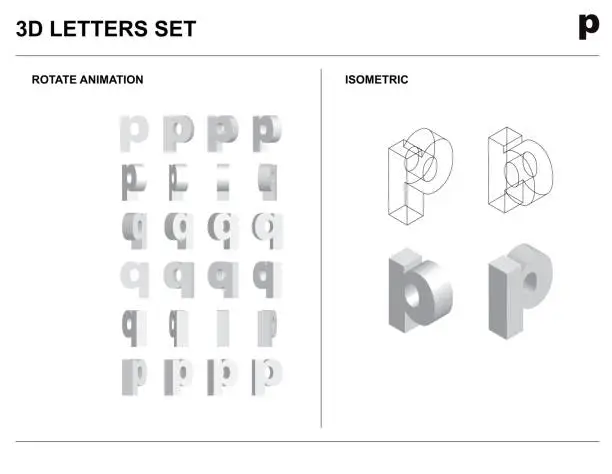 Vector illustration of 3d p Alphabet Letters Set Animate Isometric Wireframe Vector