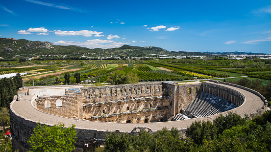 Roman amphitheater of Aspendos ancient city near Antalya, Turkey. An antique ruined city