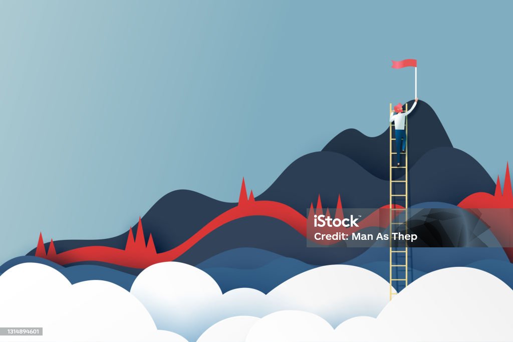 Business man on ladder reaching the red flag on the top of mountains.Success goal and Business concept. Business man on ladder reaching the red flag on the top of mountains.Success goal and Business concept.Paper art vector illustration. Business stock vector
