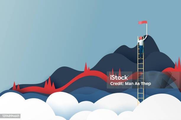 Business Man On Ladder Reaching The Red Flag On The Top Of Mountainssuccess Goal And Business Concept Stock Illustration - Download Image Now