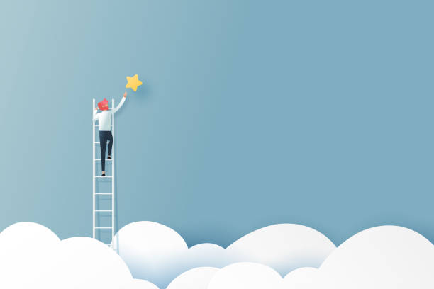 stockillustraties, clipart, cartoons en iconen met zakenman op een ladder die de ster boven wolk bereikt. bedrijfs concept. de vectorillustratie van de document kunst. - klimsport