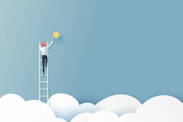 ilustrações de stock, clip art, desenhos animados e ícones de businessman on a ladder reaching the star above cloud.business concept.paper art vector illustration. - escadas