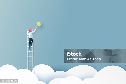 istock Businessman on a ladder reaching the star above cloud.Business concept.Paper art vector illustration. 1314894604