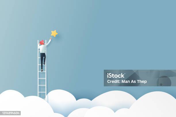 Businessman On A Ladder Reaching The Star Above Cloudbusiness Conceptpaper Art Vector Illustration Stock Illustration - Download Image Now