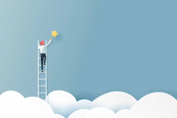 Vector illustration of Businessman on a ladder reaching the star above cloud.Business concept.Paper art vector illustration.