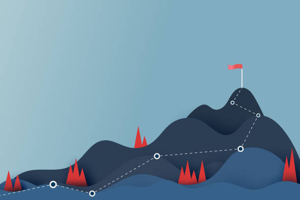 droga do czerwonej flagi na szczycie góry. górski szczyt pokonywania. koncepcja osiągnięcia celu i sukcesu w biznesie. - droga jednokierunkowa stock illustrations
