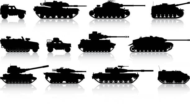 ilustrações de stock, clip art, desenhos animados e ícones de highly detailed tank silhouettes - military us military tank land vehicle