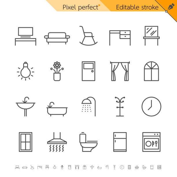 home_furniture_1 Home furniture thin icons. Pixel perfect. Editable stroke. bathroom designer shower house stock illustrations