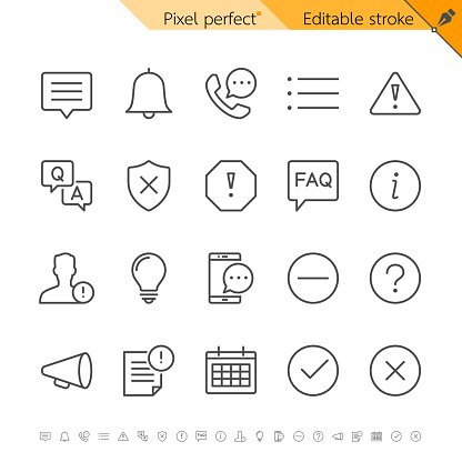 Information and notification thin icons. Pixel perfect. Editable stroke.