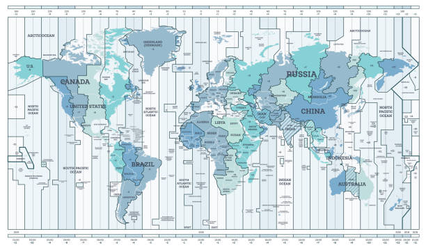 ilustraciones, imágenes clip art, dibujos animados e iconos de stock de mapa azul de la zona horaria. mapa del mundo detallado con nombres de países. - mapa de husos horarios
