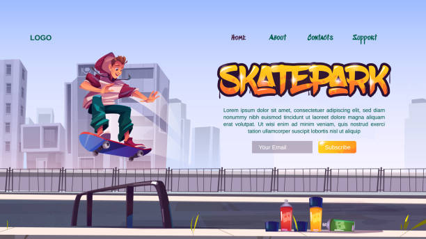 skatepark website mit jungen reiten auf skateboard - skateboard park ramp skateboard graffiti stock-grafiken, -clipart, -cartoons und -symbole