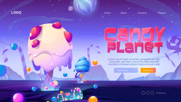 ilustrações de stock, clip art, desenhos animados e ícones de candy planet cartoon landing page with sweets - cartoon mushroom fairy fairy tale