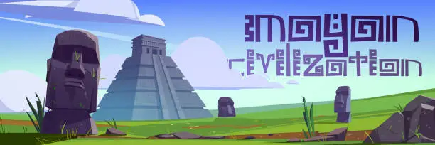 Vector illustration of Mayan civilization landmarks and moai statues