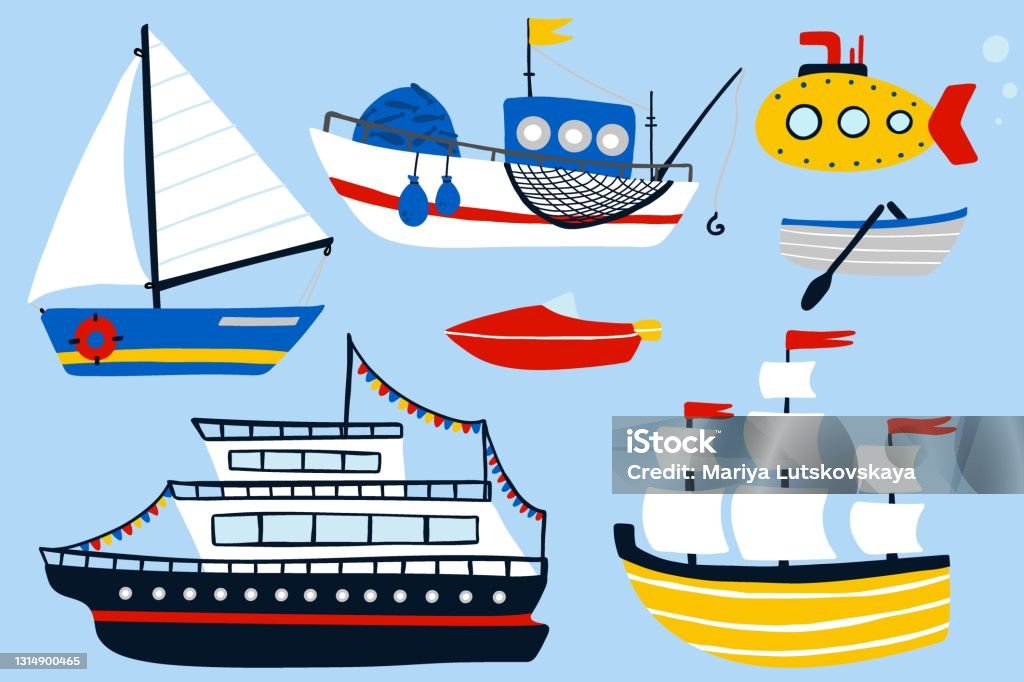 Ilustración de Barco Y Barco Dibujos Animados Dibujados A Mano Colorida  Colección Infantil Vela Transporte Acuático Velero Velero Y Submarino  Elementos De Diseño Para Niños Aventura De Bebé Y Vector De Viaje