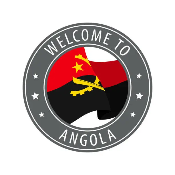 Vector illustration of Welcome to Angola. Gray stamp with a waving country flag.