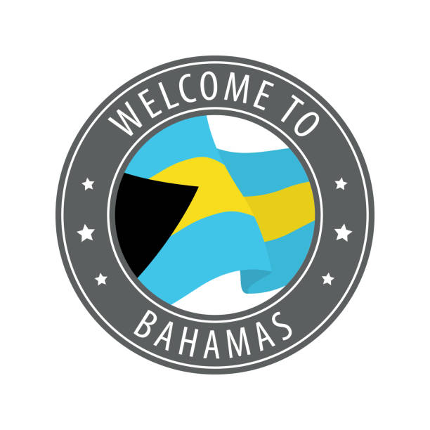 illustrazioni stock, clip art, cartoni animati e icone di tendenza di benvenuti alle bahamas. timbro grigio con una bandiera di campagna sventolante. - bahamian flag