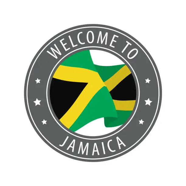 Vector illustration of Welcome to Jamaica. Gray stamp with a waving country flag.
