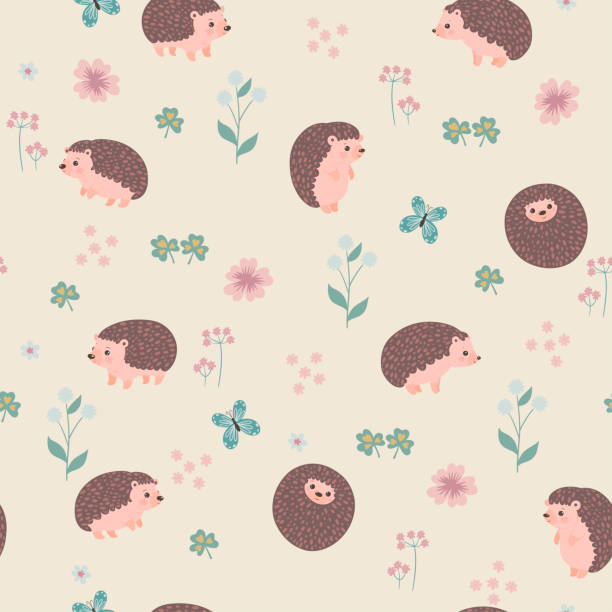 Seamless pattern with cute hedgehogs and flowers. Vector graphics. Seamless pattern with cute hedgehogs and flowers. Vector image. hedgehog stock illustrations