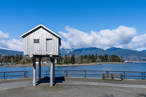 LightShed, a sculpture by Liz Magor in Harbour Green Park. Vancouver, BC, Canada.