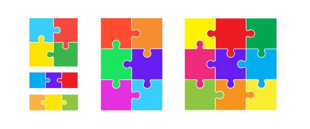 puzzle2 Colorful puzzles grid. Jigsaw puzzle 9, 6, 4 and 3 pieces small group of objects stock illustrations