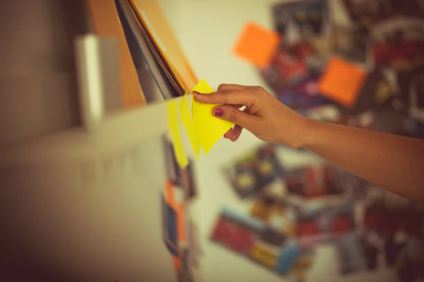 Detail of yellow page marker fixed on a white background - Flat Lay.
