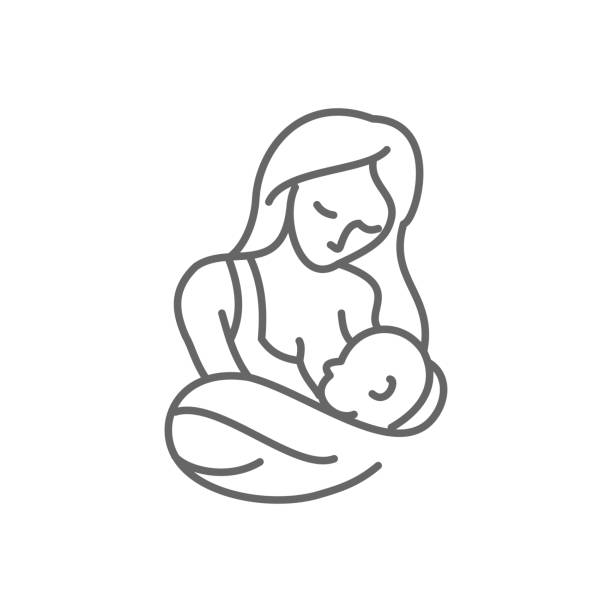 ilustraciones, imágenes clip art, dibujos animados e iconos de stock de icono vectorial de estilo de línea delgada de lactancia materna - madre