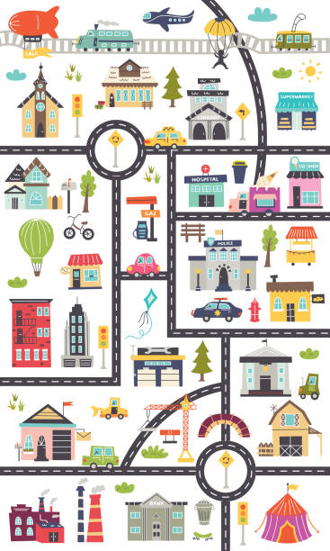 illustrazioni stock, clip art, cartoni animati e icone di tendenza di mappa verticale per bambini con strade, auto, edifici - city street
