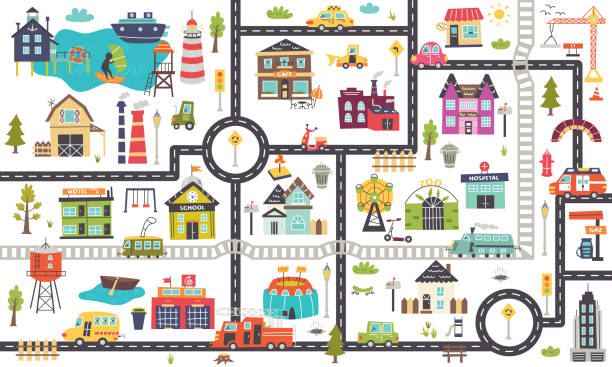 illustrazioni stock, clip art, cartoni animati e icone di tendenza di mappa orizzontale per bambini con strade, auto, edifici - city of los angeles illustrations